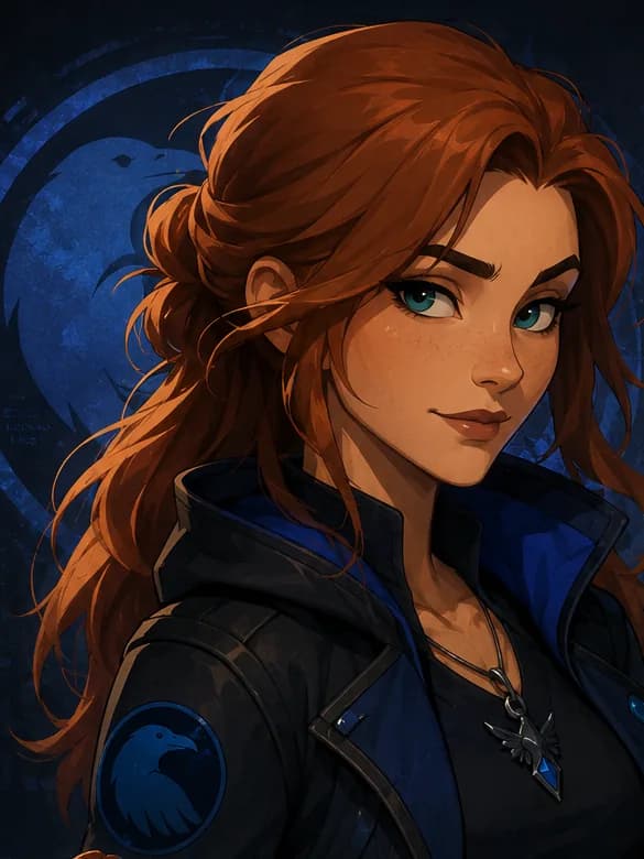 INGRID — auburn-haired, in a dark midnight-blue coat with the BlueCrow raven at her shoulder